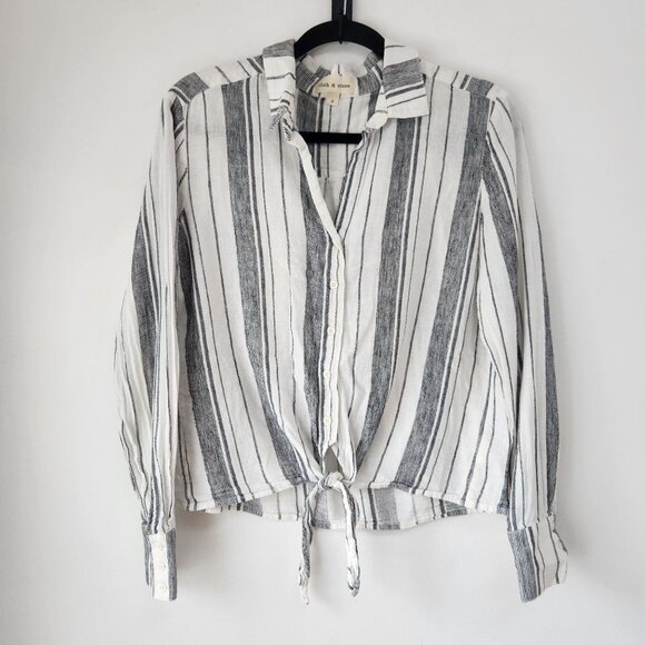 Anthropologie Cloth & Stone Linen Blend Striped Tie-Front Button Down Shirt S - Picture 1 of 9